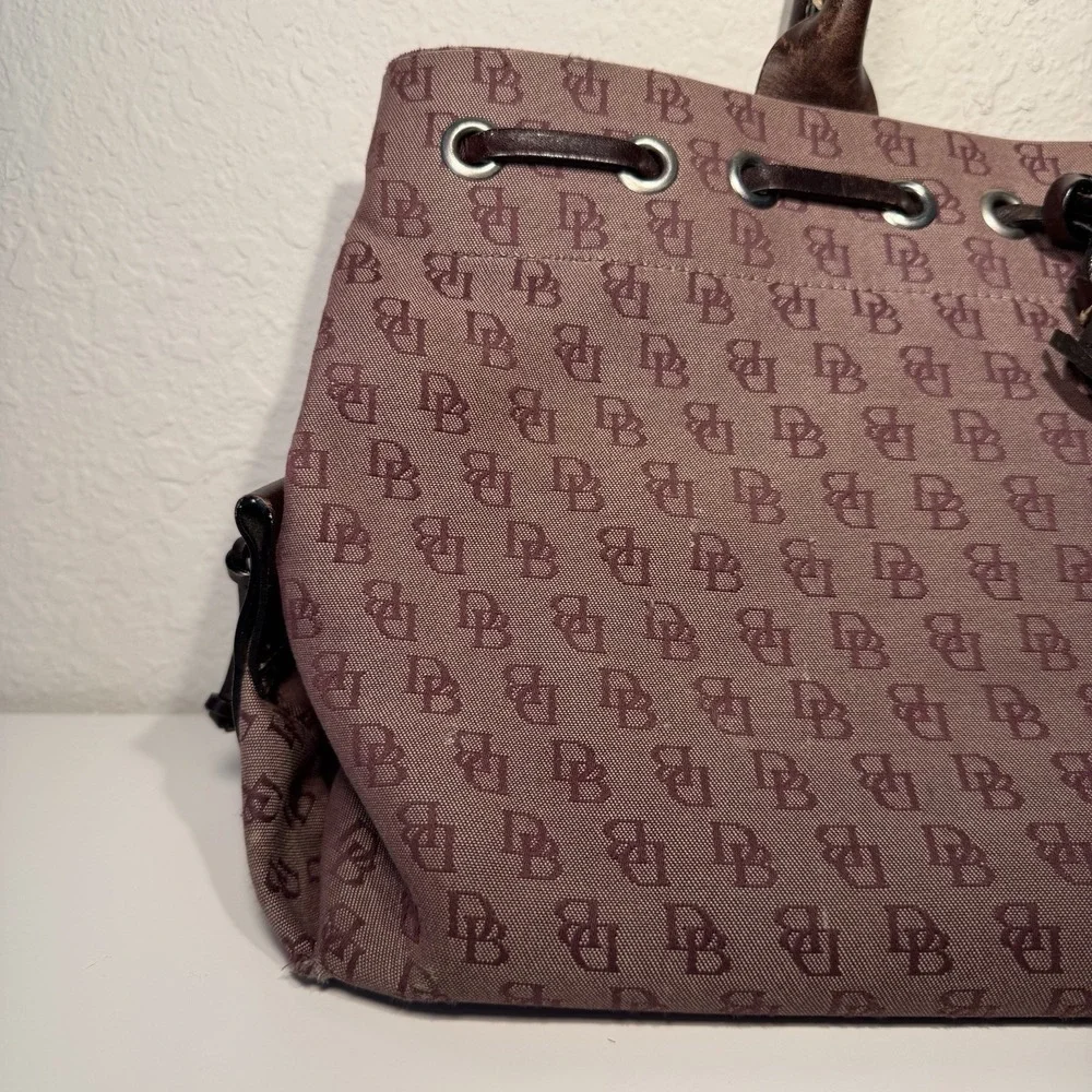 Dooney & Bourke Signature Canvas Satchel Logo Bag Double Leather Handles Tassels